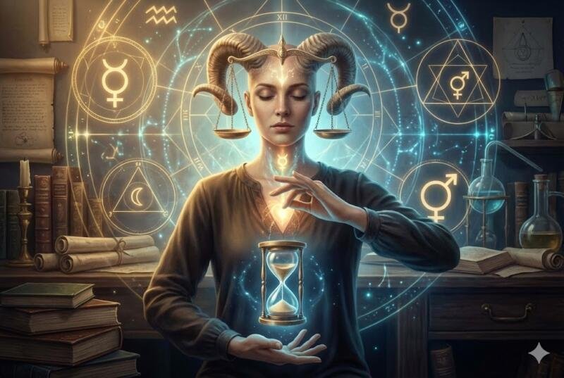 Representación del eje Aries-Libra con símbolos astrológicos que ilustran el equilibrio entre el yo y el nosotros en 2026. The Zodiac lab