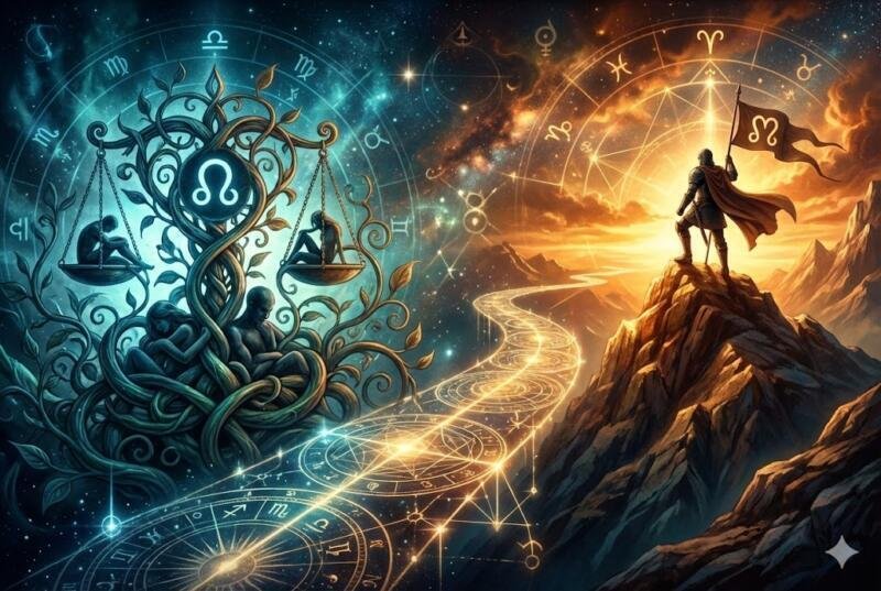 ilustración Representación del eje Aries-Libra con símbolos astrológicos que ilustran el equilibrio entre el yo y el nosotros en 2026. The zodiac lab