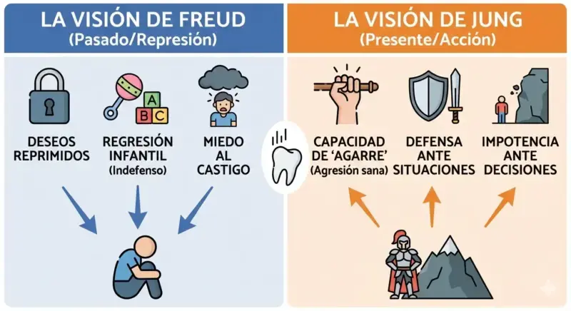 Infografía comparativa Freud vs Jung sobre soñar con dientes. Izquierda: Visión de Freud (deseos reprimidos, regresión infantil). Derecha: Visión de Jung (capacidad de defensa, falta de poder personal). Ilustración de The Zodiac Lab.