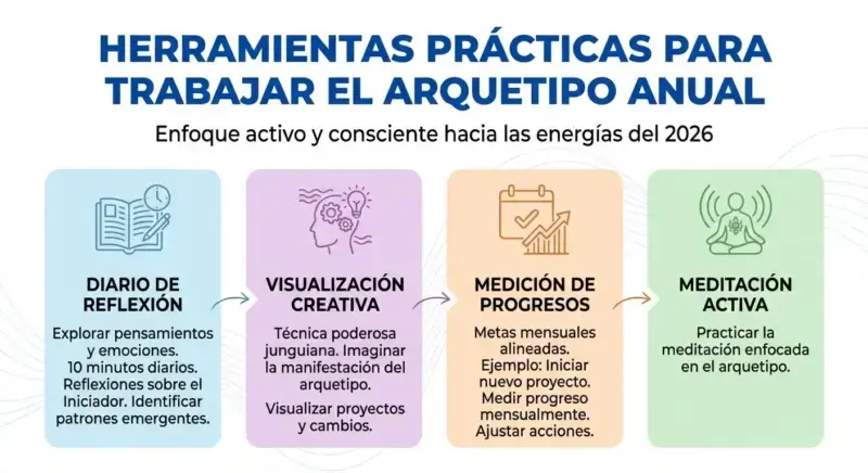 Herramientas prácticas para trabajar el arquetipo de 2026. Infografía de The Zodiac Lab