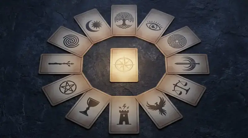 el ciclo de la rueda anual. Ilustración sobre la tirada anual en el tarot arquetipal. TheZodiacLab.com