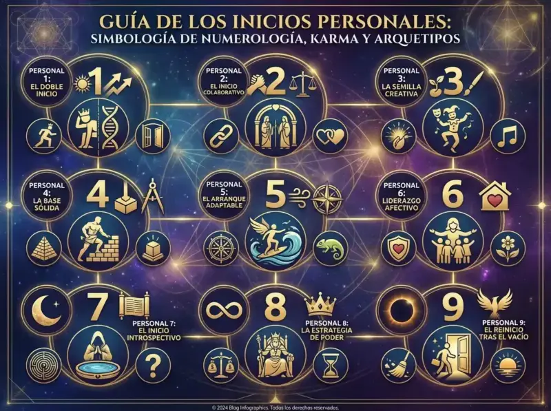 ilustración esquema de Guía de los inicios personales-simbología de numerología karma y arquetipos.  Fuente: TheZodiacLab.com