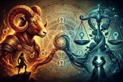 Representación del eje Aries-Libra con símbolos astrológicos que ilustran el equilibrio entre el yo y el nosotros en 2026