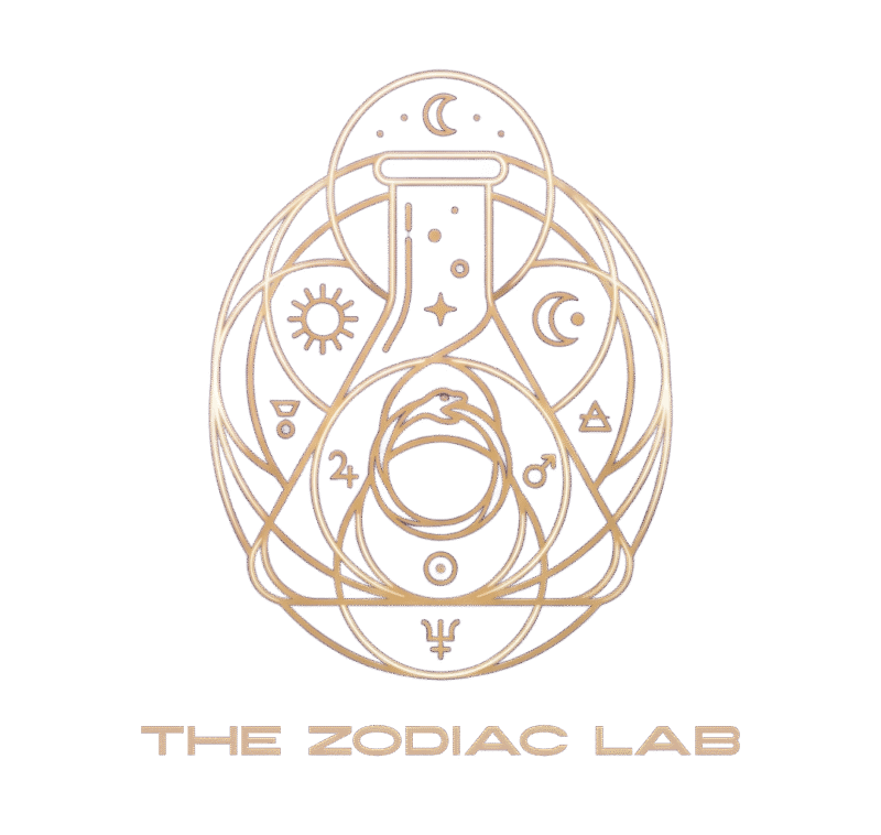 Logo minimalista de The Zodiac Lab: un matraz de laboratorio científico conteniendo constelaciones doradas y estrellas, simbolizando la fusión entre astrología y tecnología algorítmica.