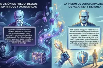 Infografía comparativa Freud vs Jung sobre soñar con dientes. Izquierda: Visión de Freud (deseos reprimidos, regresión infantil). Derecha: Visión de Jung (capacidad de defensa, falta de poder personal). Ilustración de The Zodiac Lab.